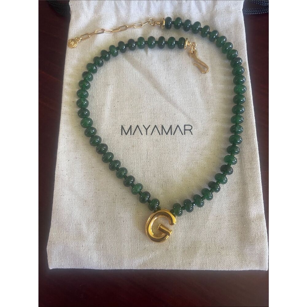 Mayamar Green Beaded Necklace with Gold 'G' Pendant (24k gold plated) - Picture 1 of 4